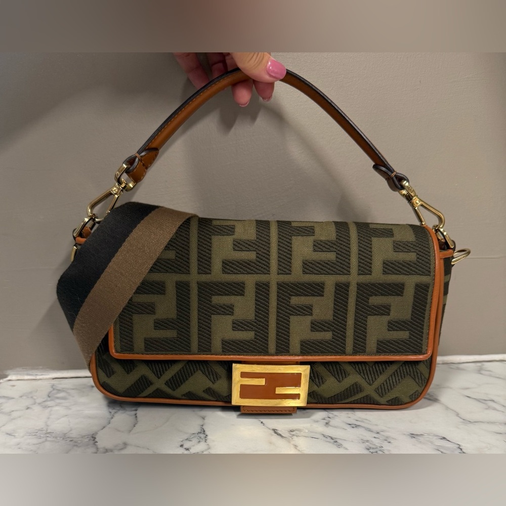 Fendi Baguette Embroidered Zucca Canvas Olive Green Medium